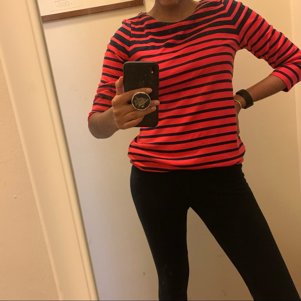 Red and blue striped boat neck long sleeves shirt